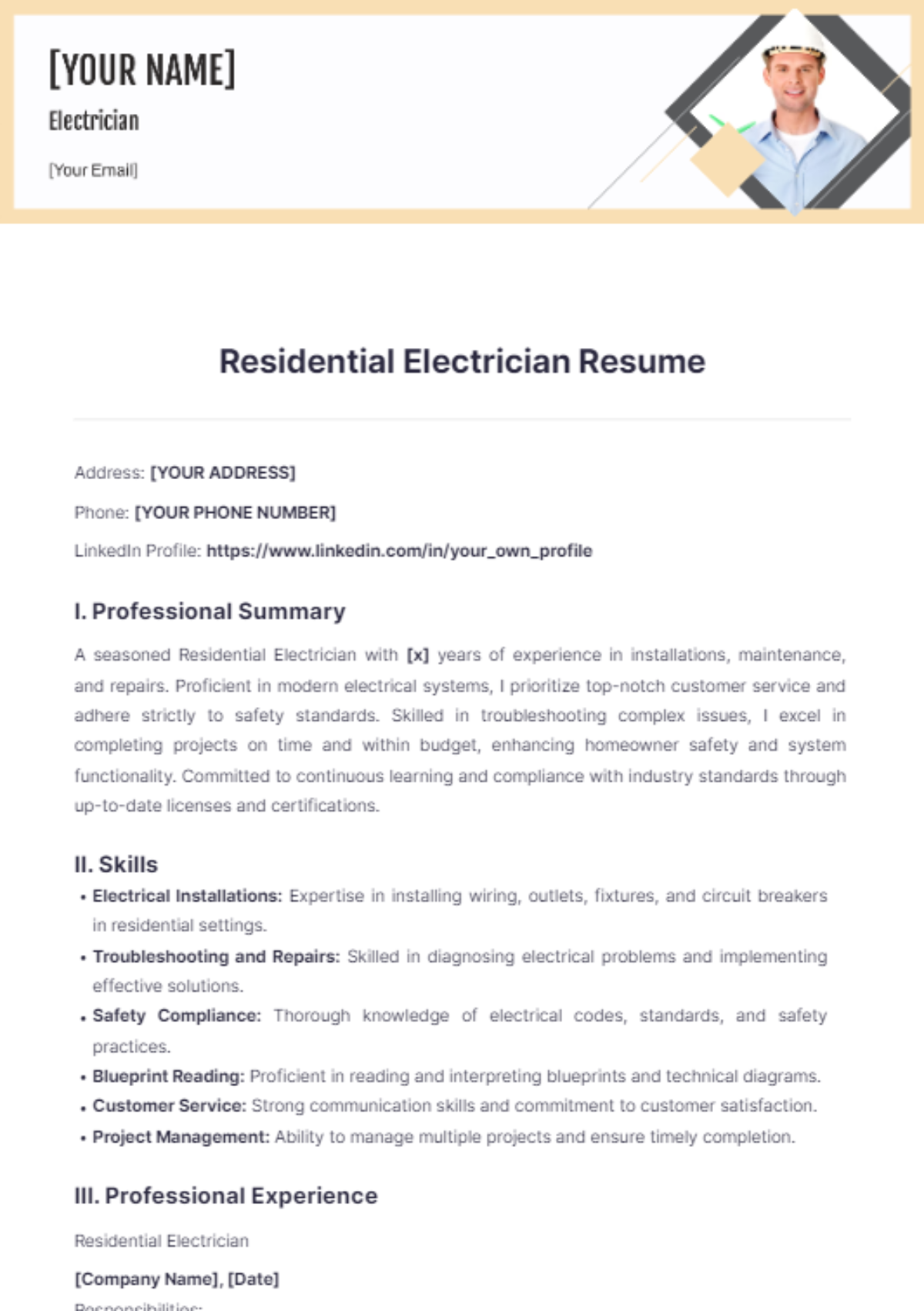 Free Residential Electrician Resume Template to Edit Online