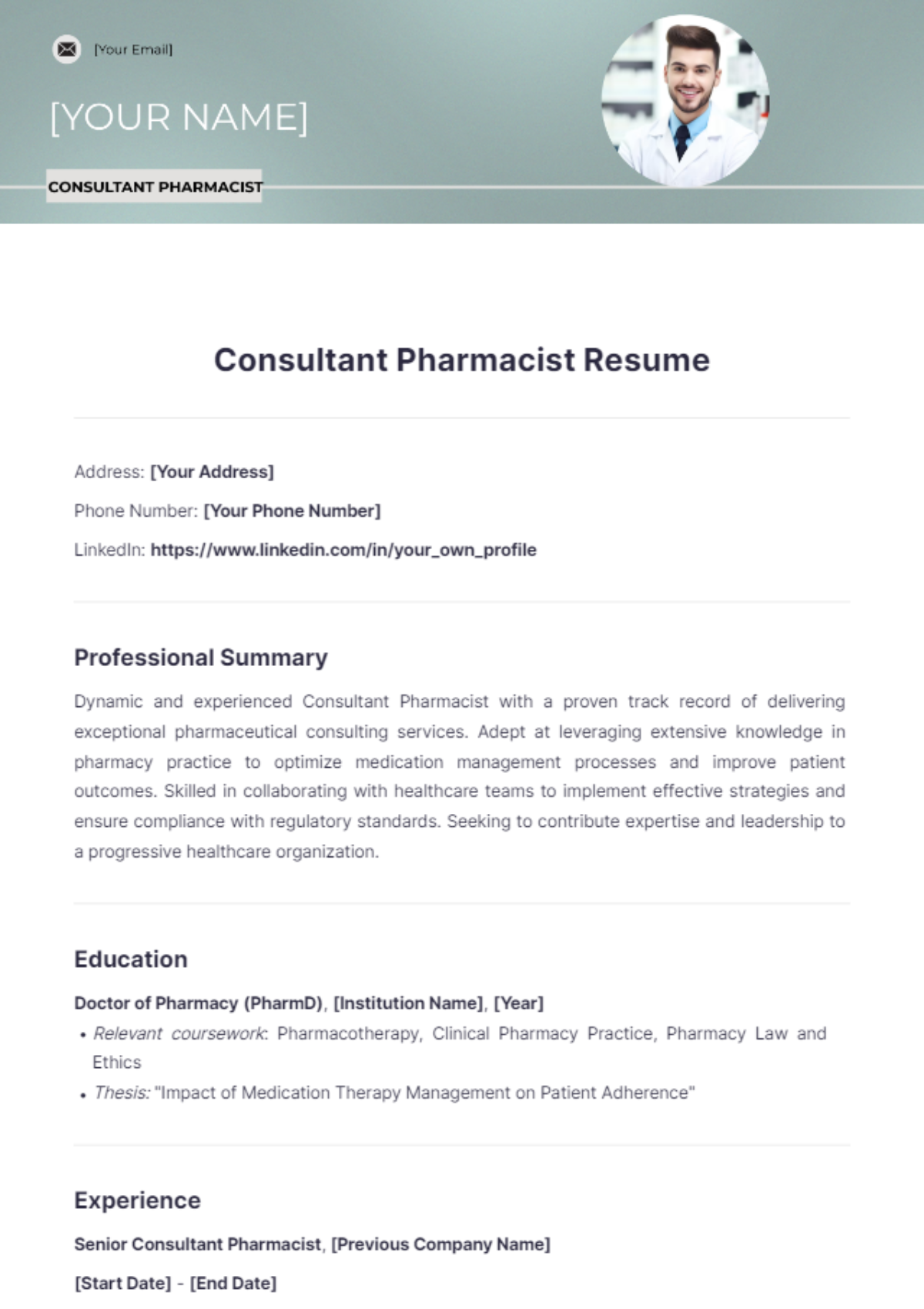 Consultant Pharmacist Resume - Edit Online & Download