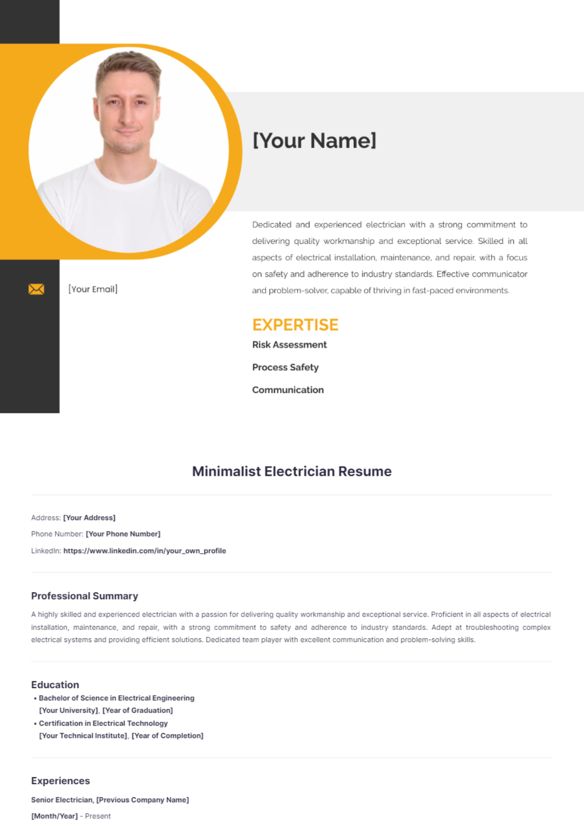 Minimalist Electrician Resume - Edit Online & Download