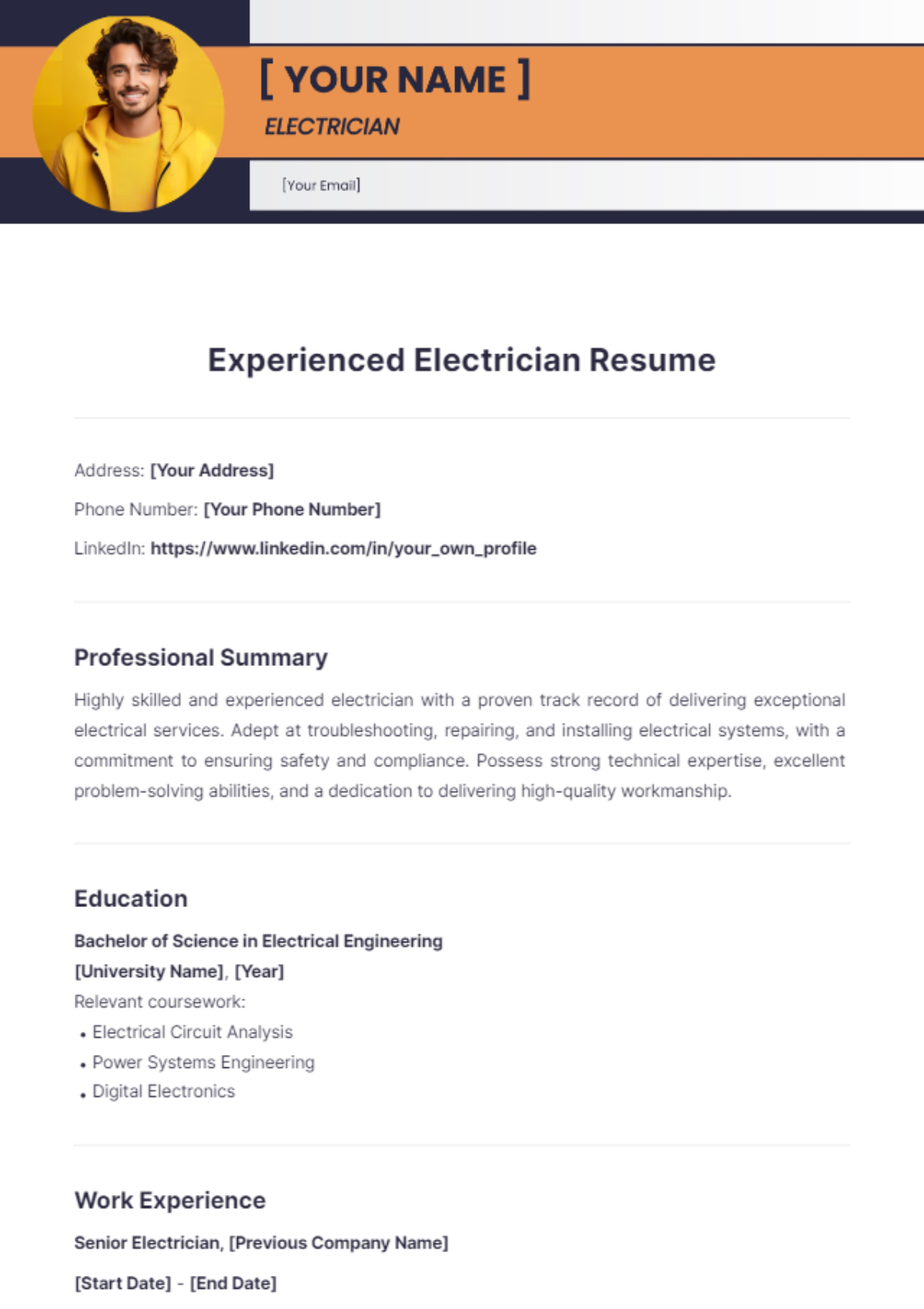 Experienced Electrician Resume - Edit Online & Download