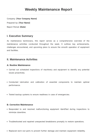 Free Weekly Maintenance Report Template to Edit Online