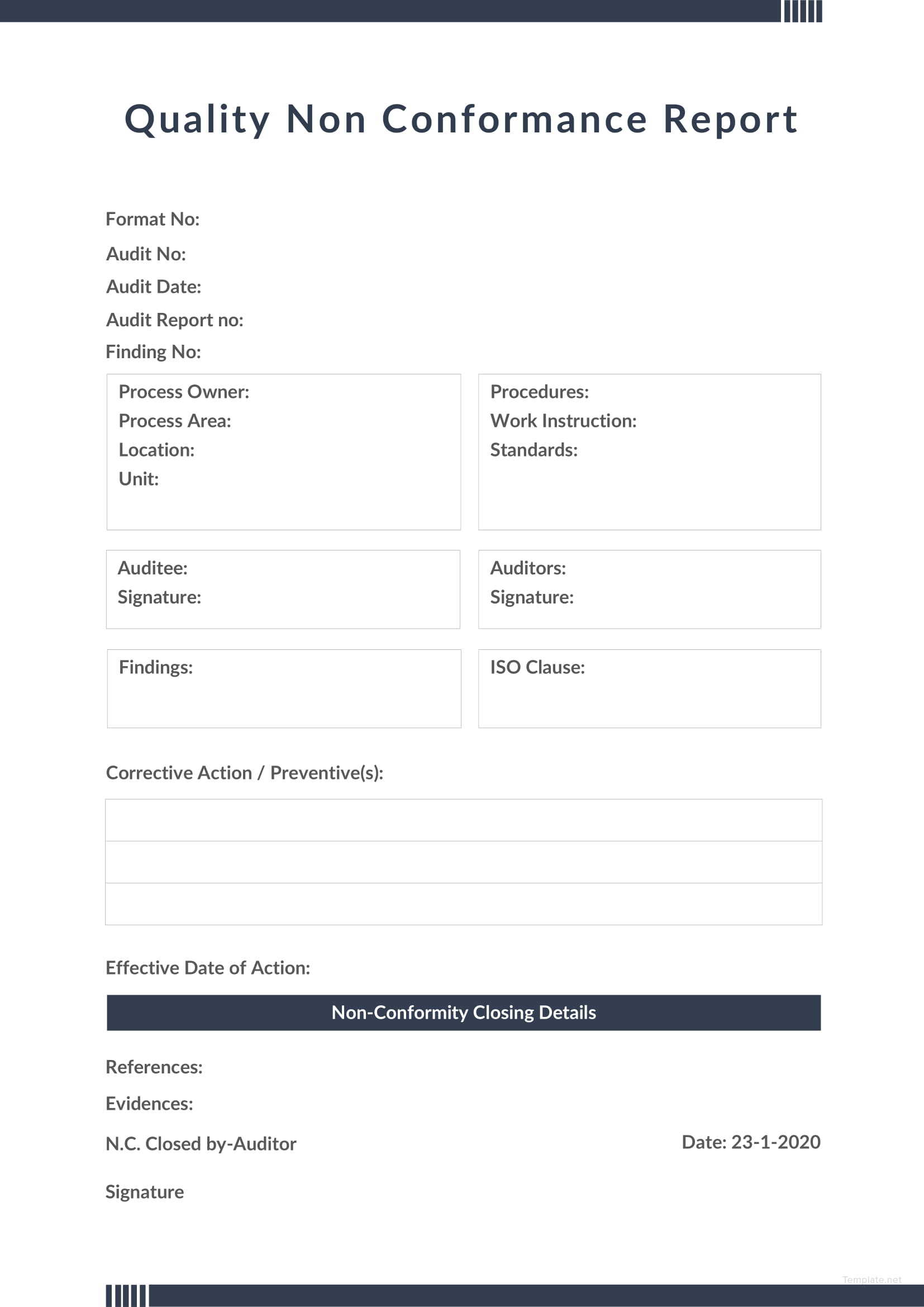 Non Conformance Report Form Template