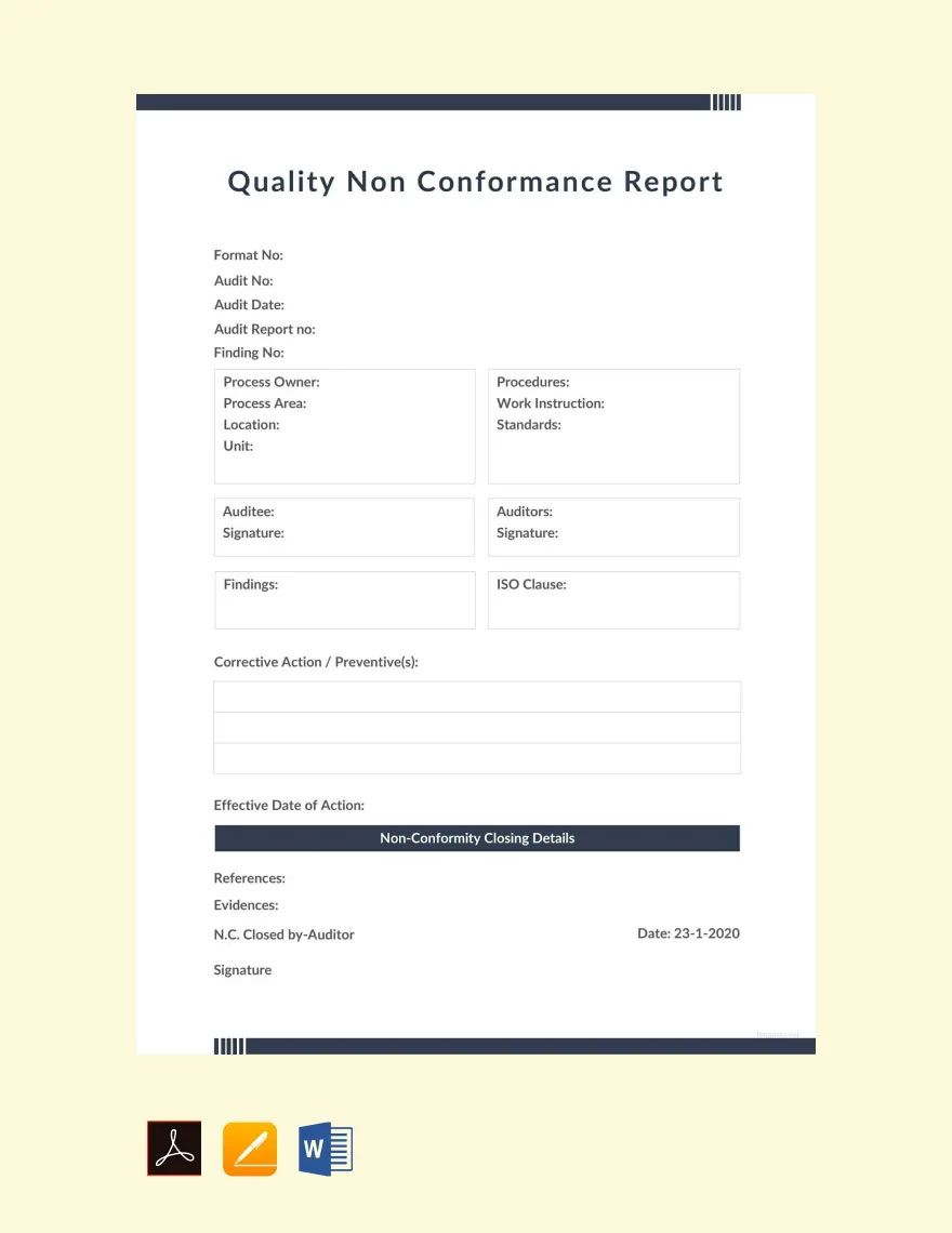 Quality Non conformance Report Template in Word, Google Docs, Apple Pages