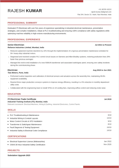 Free ITI Electrician ATS Resume Template, AI Resume Builder