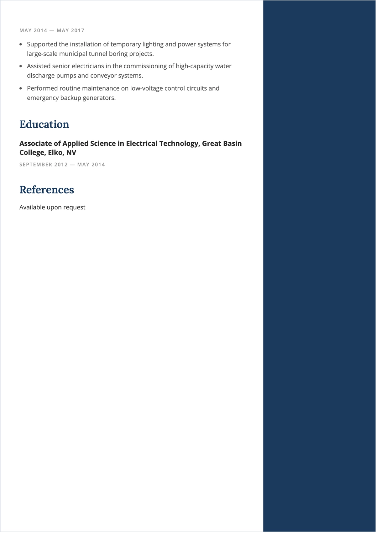 Free Underground Electrician ATS Resume Template, AI Resume Builder