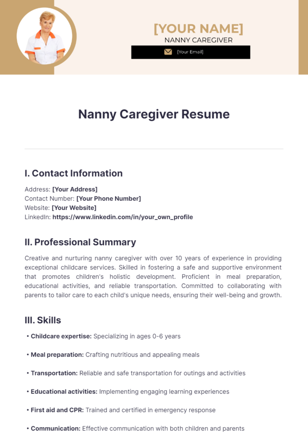 Free Nanny Caregiver Resume Template to Edit Online