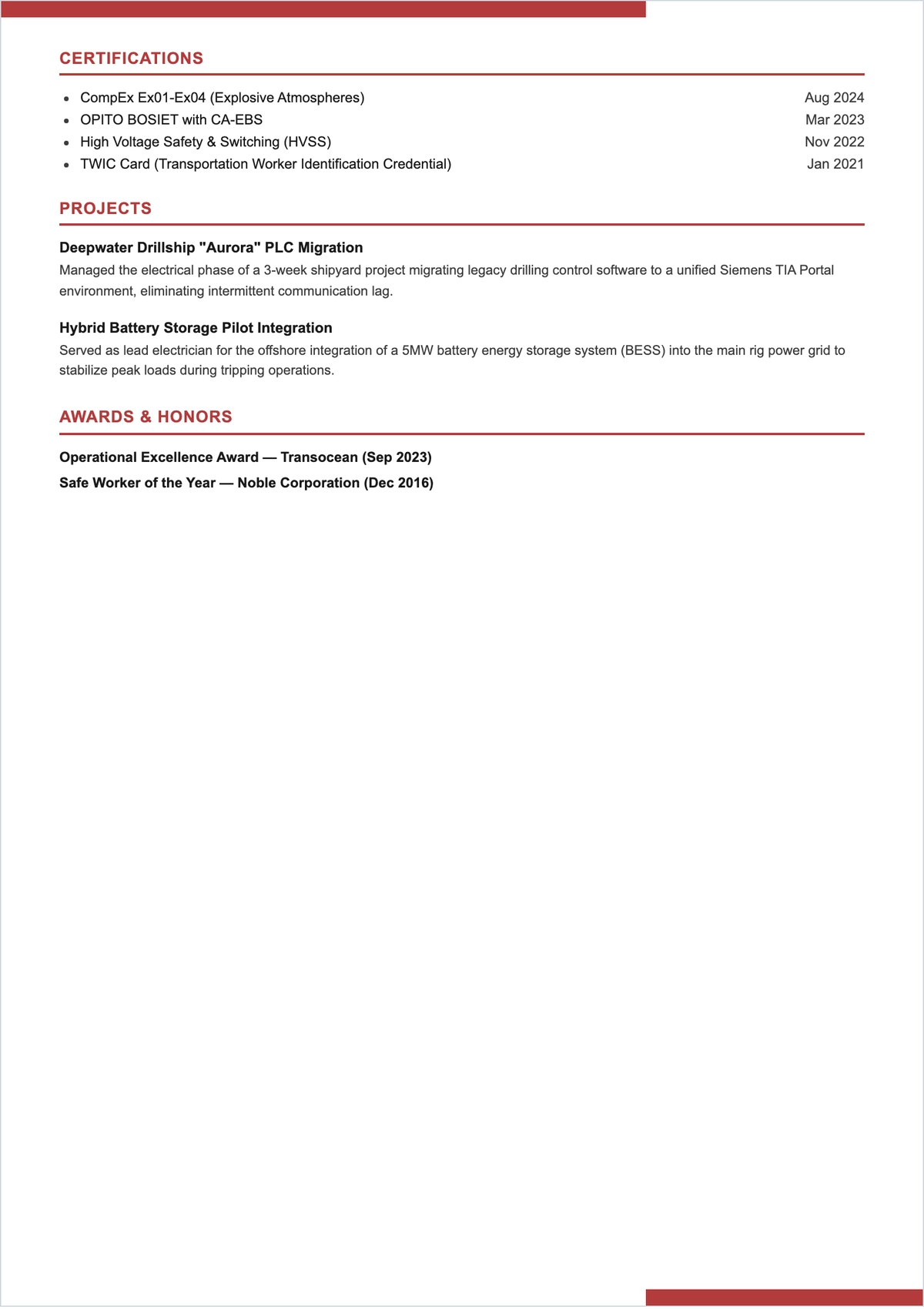 Free Rig Electrician ATS Resume Template, AI Resume Builder