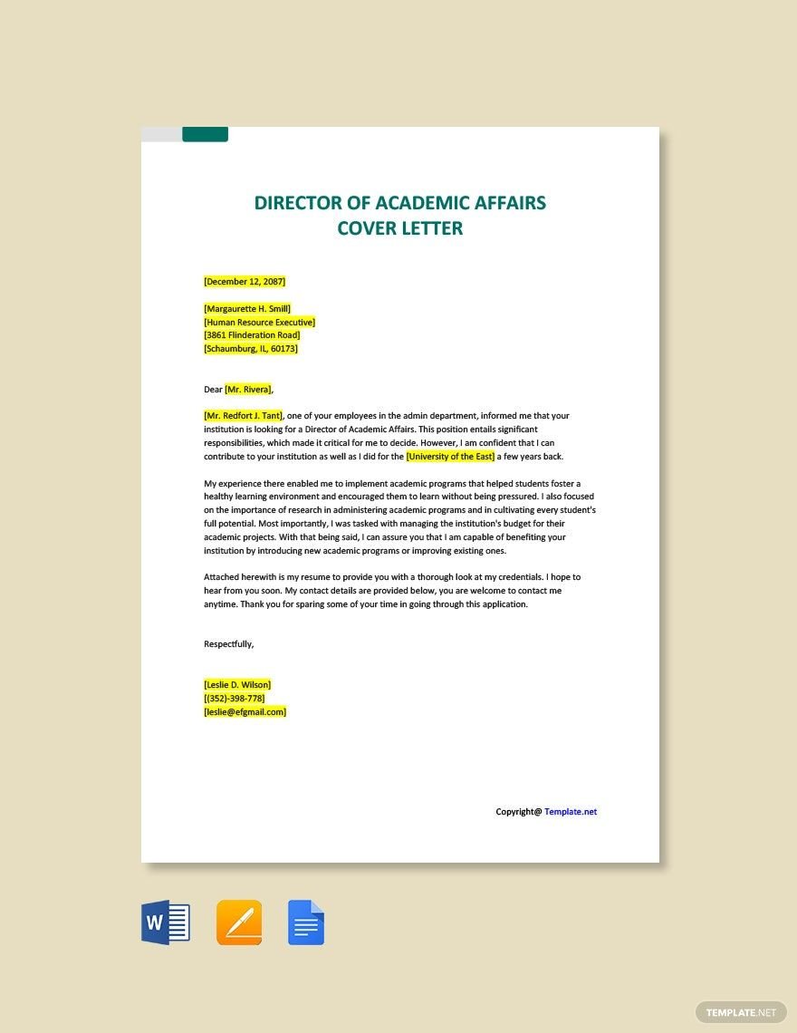 Director of Academic Affairs Cover Letter in Word, Google Docs, PDF, Apple Pages
