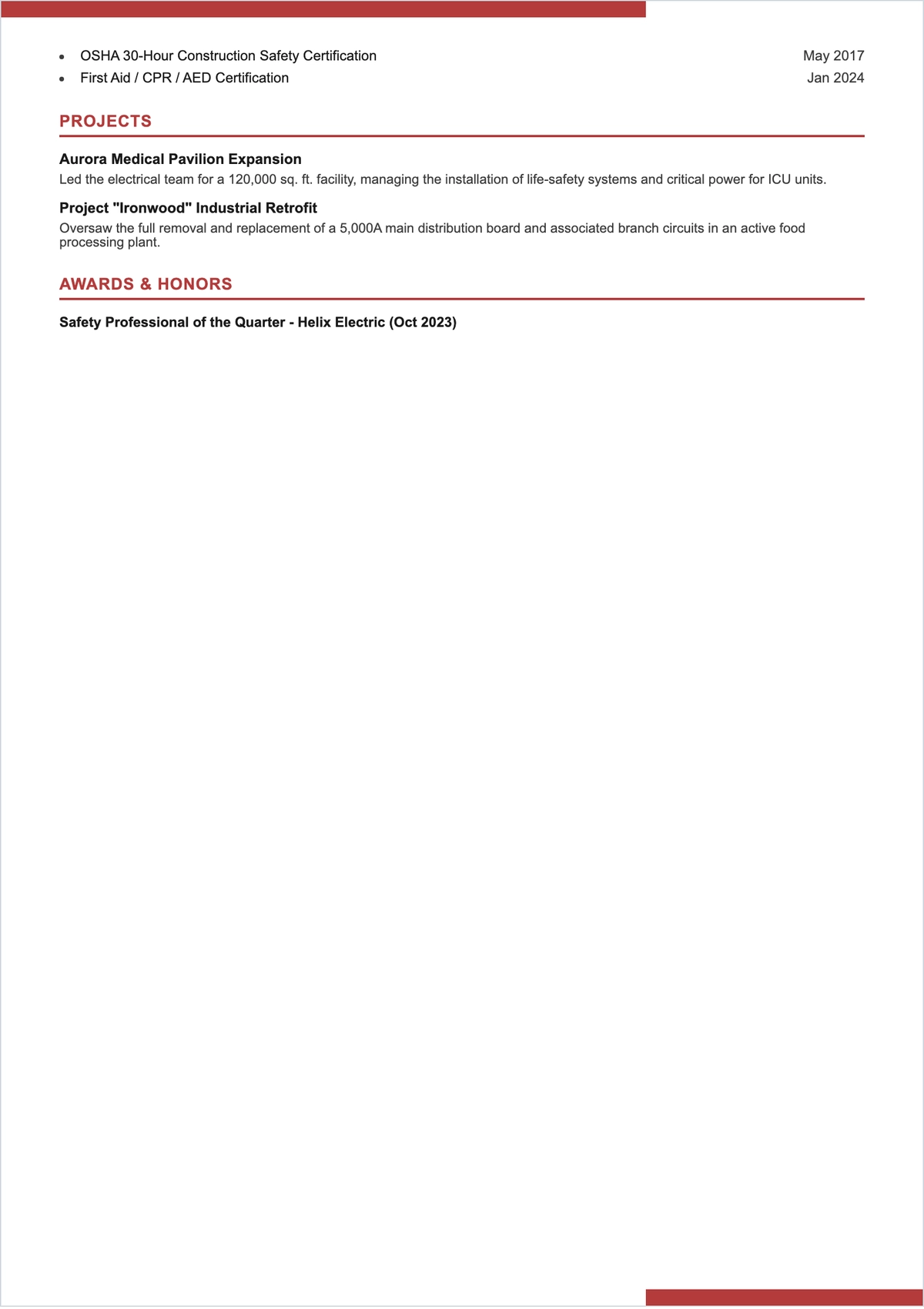 Free Commercial Electrician ATS Resume Template, AI Resume Builder