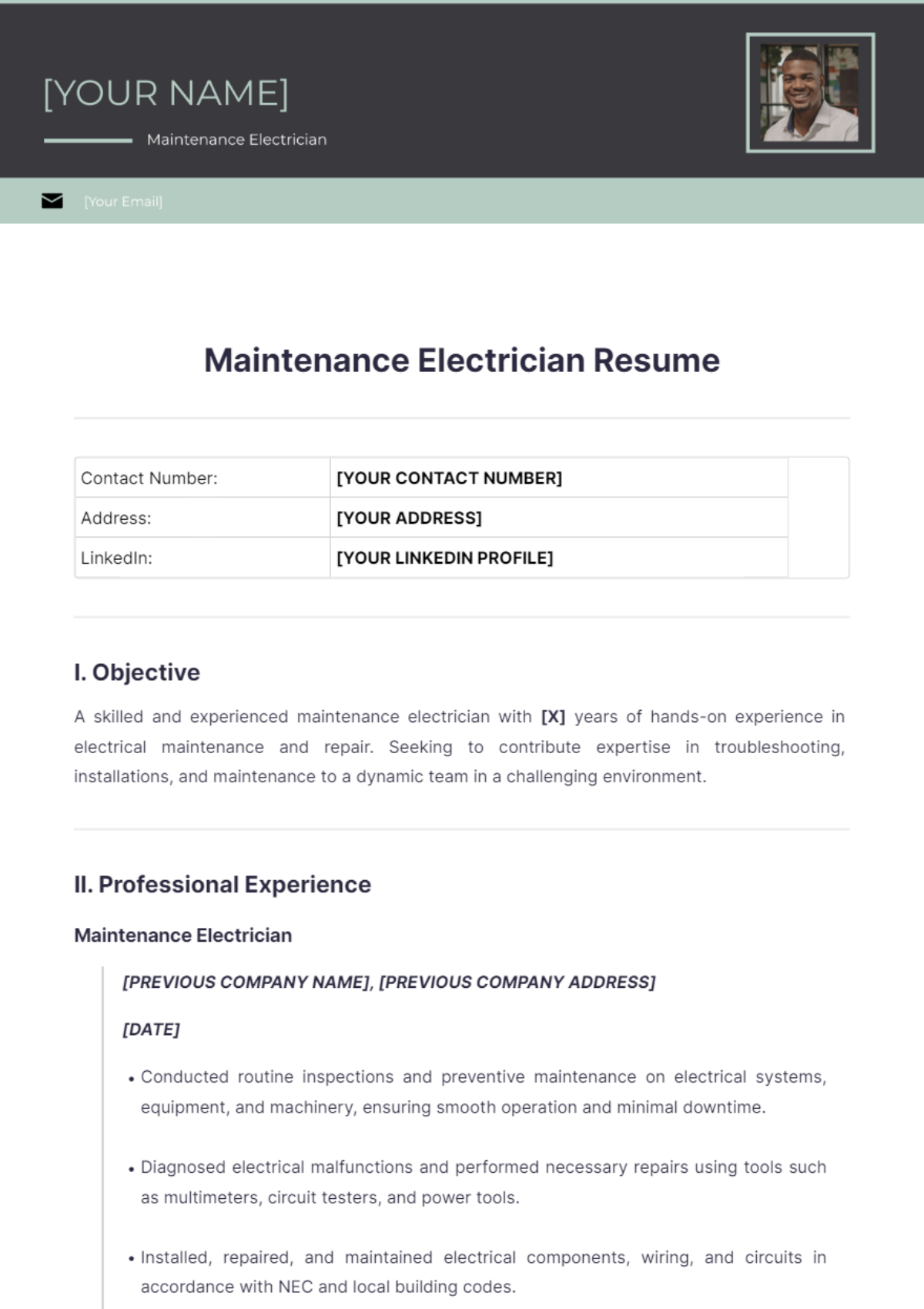 Maintenance Electrician Resume - Edit Online & Download