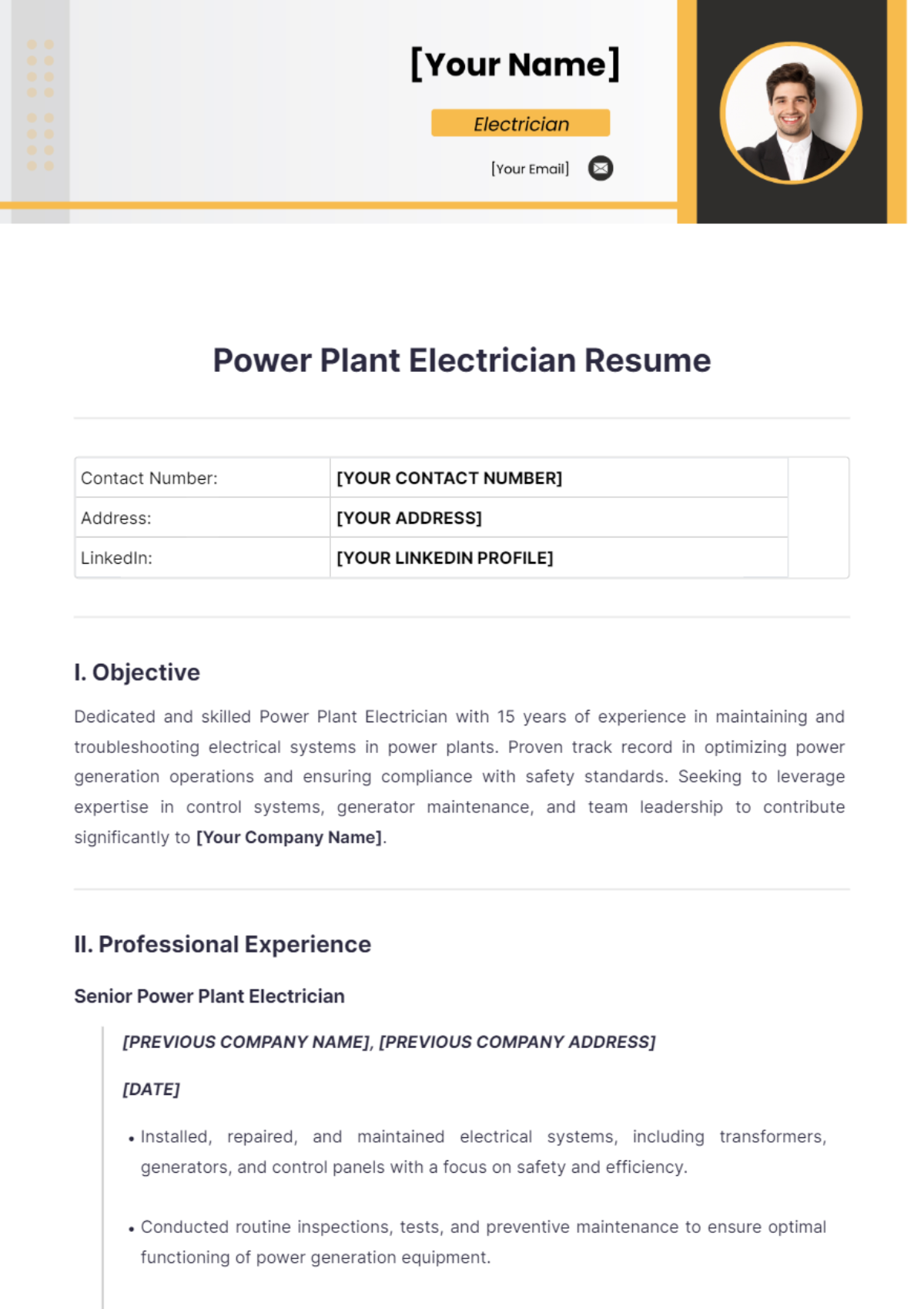 Power Plant Electrician Resume - Edit Online & Download