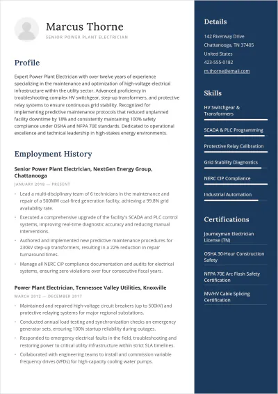 Free Power Plant Electrician ATS Resume Template, AI Resume Builder