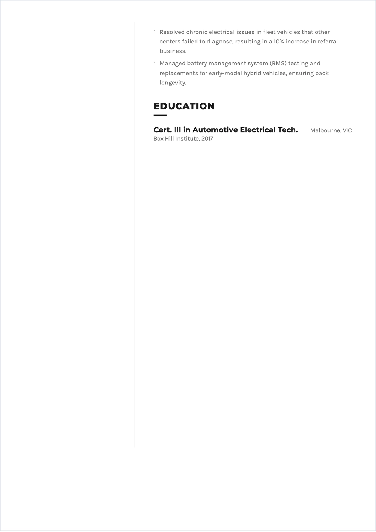 Free Auto Electrician ATS Resume Template, AI Resume Builder