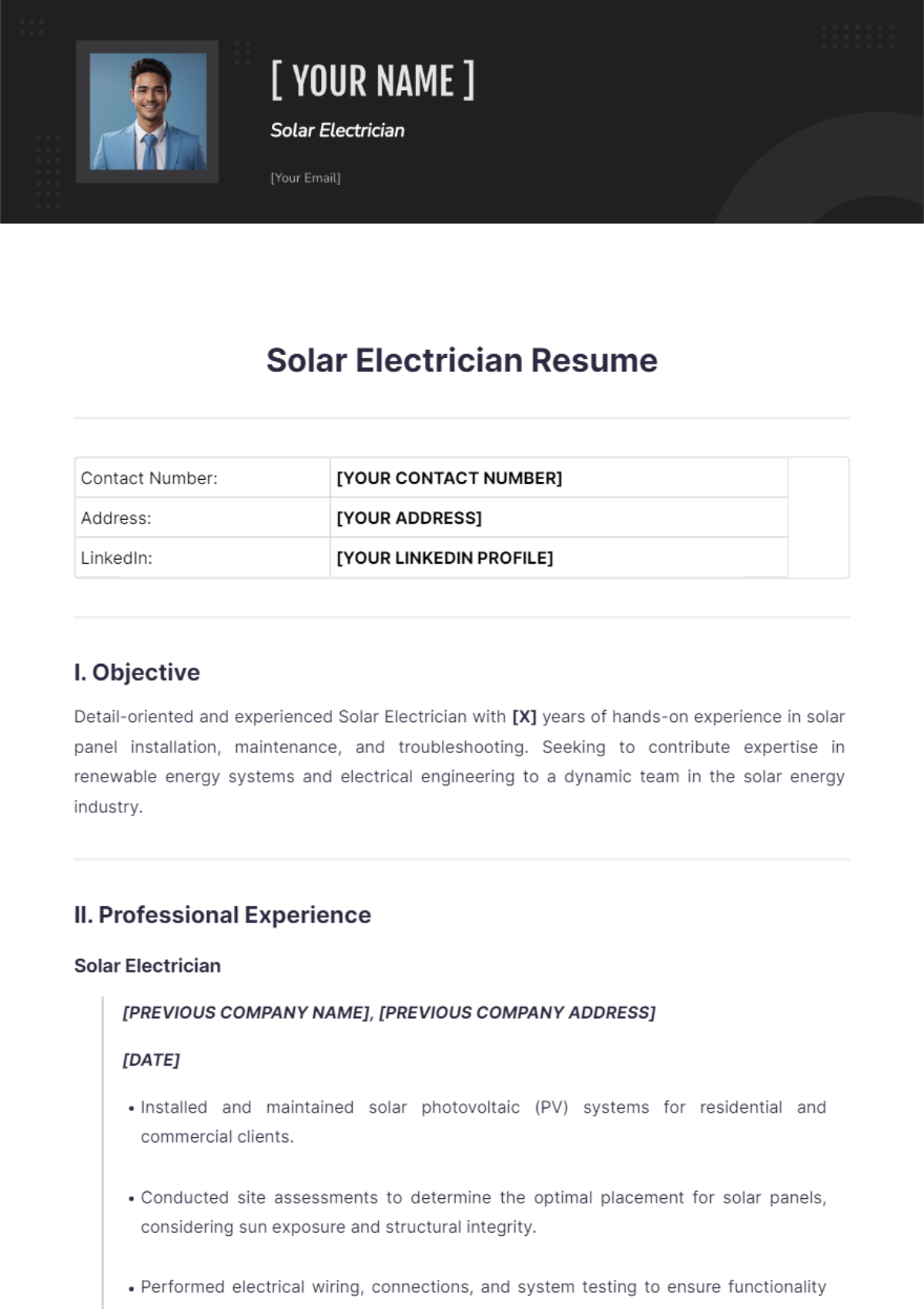 Solar Electrician Resume - Edit Online & Download