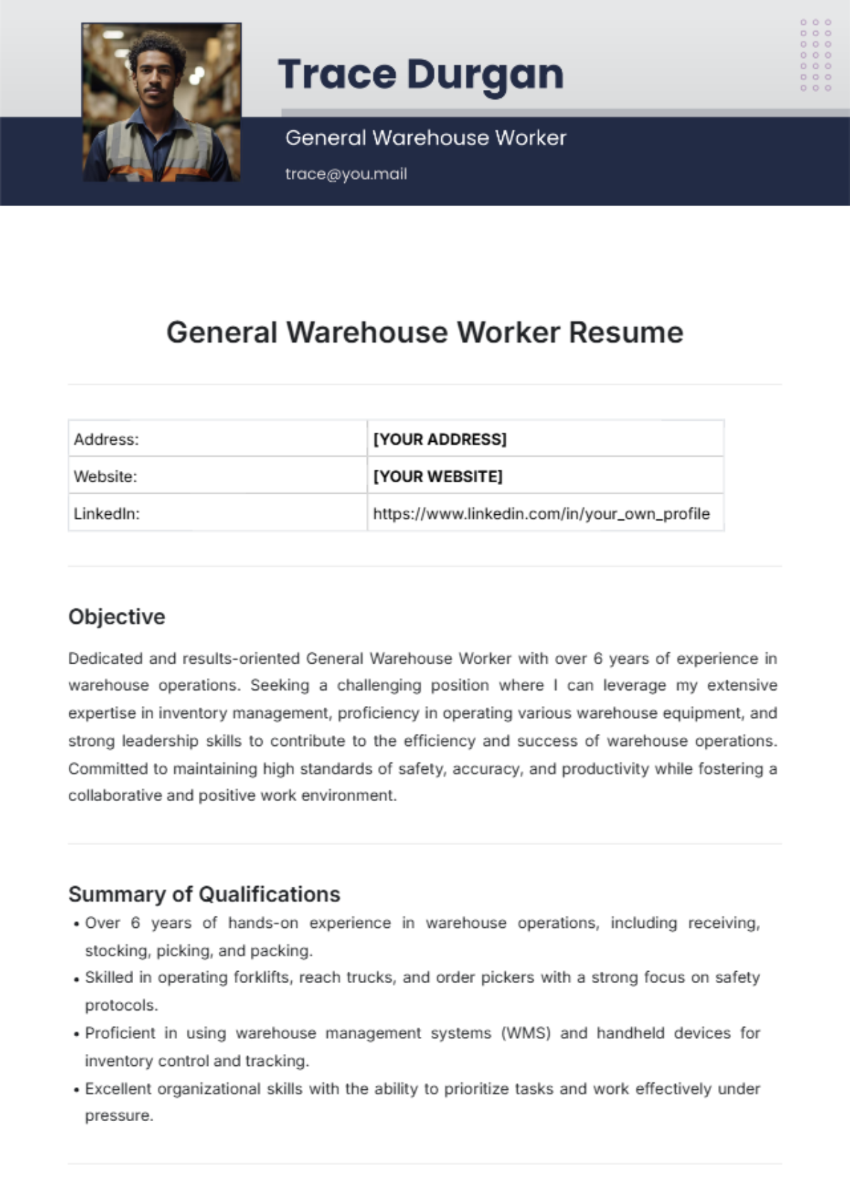 Free General Warehouse Worker Resume Template