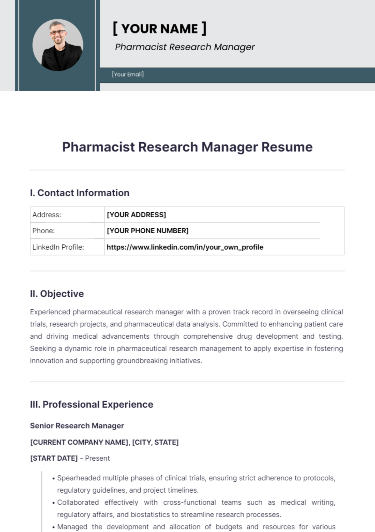 Pharmacist Research Manager Resume - Edit Online & Download