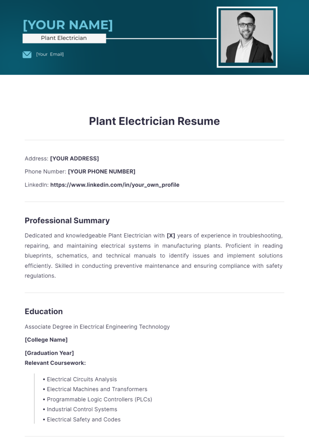 Plant Electrician Resume - Edit Online & Download