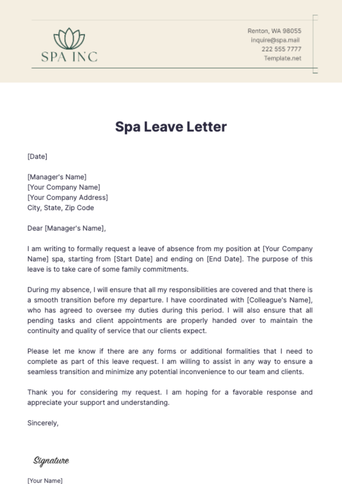 Spa Leave Letter Template - Edit Online & Download