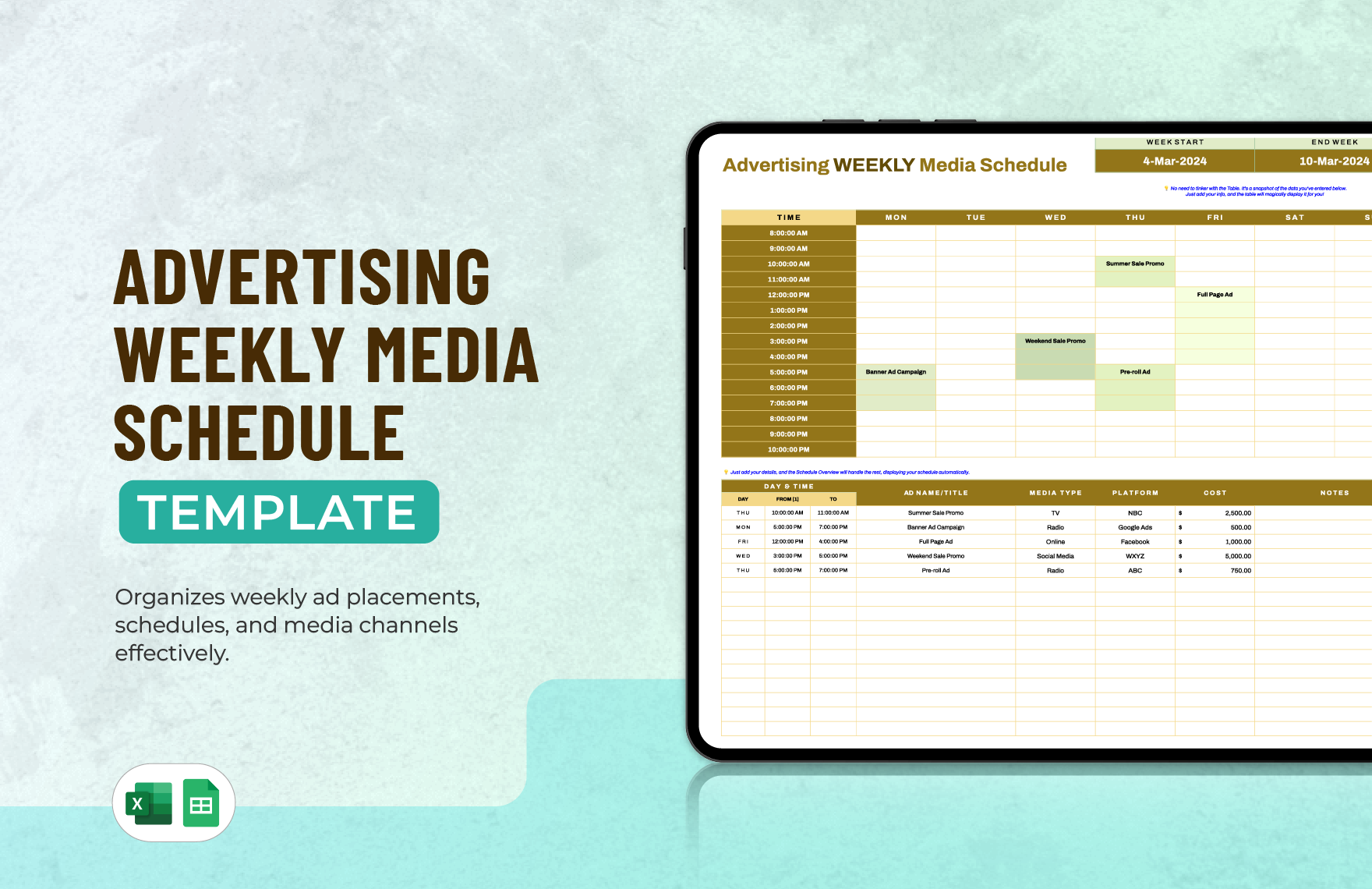 Advertising Weekly Media Schedule Template in Excel, Google Sheets