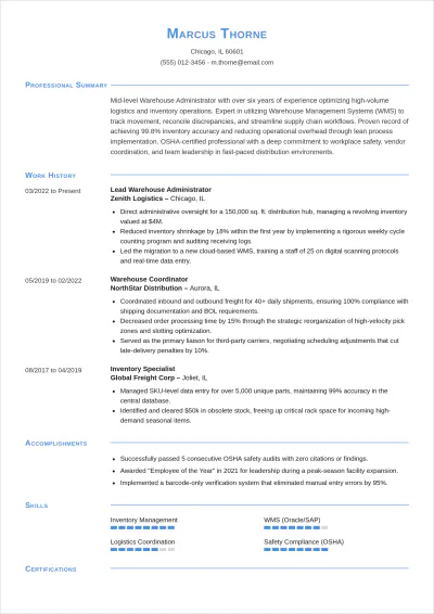 Free Warehouse Administrator ATS Resume Template, AI Resume Builder