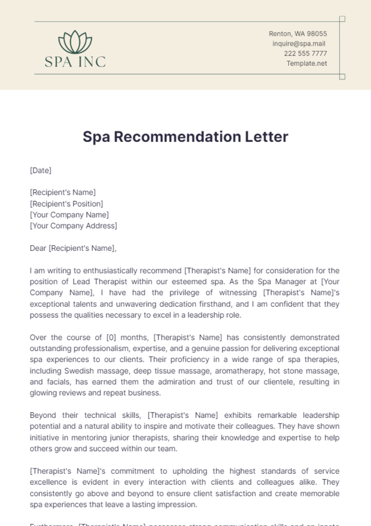 Spa Recommendation Letter Template - Edit Online & Download