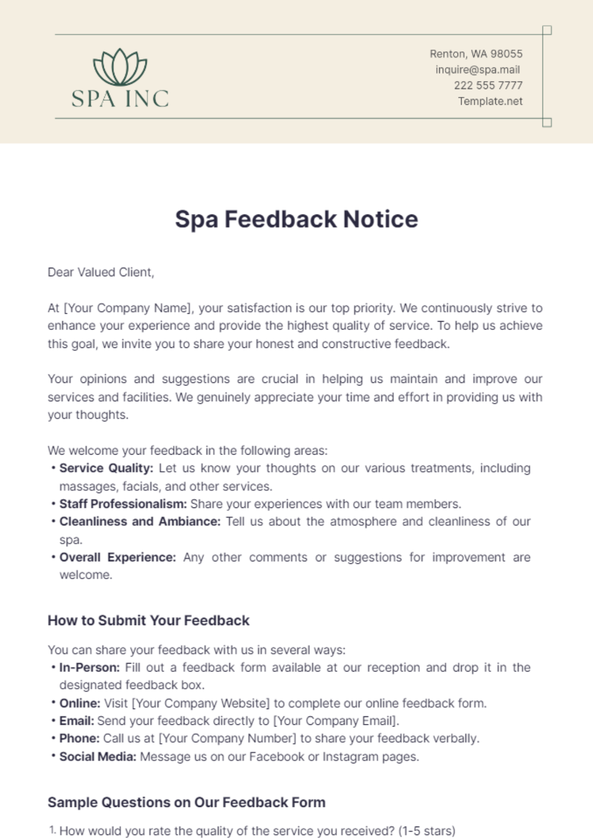 Spa Feedback Notice Template - Edit Online & Download