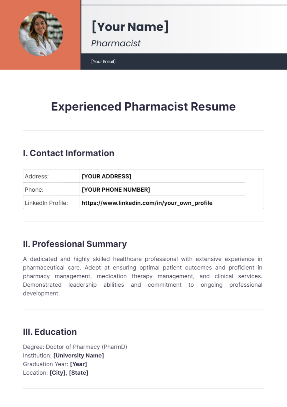 Experienced Pharmacist Resume - Edit Online & Download