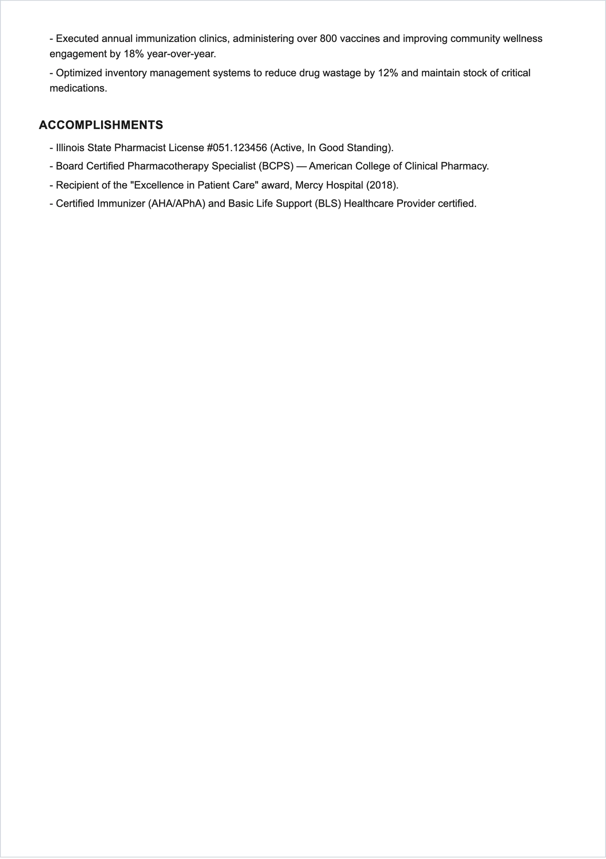 Free Experienced Pharmacist ATS Resume Template, AI Resume Builder