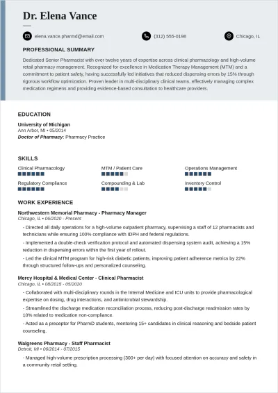 Free Experienced Pharmacist ATS Resume Template, AI Resume Builder