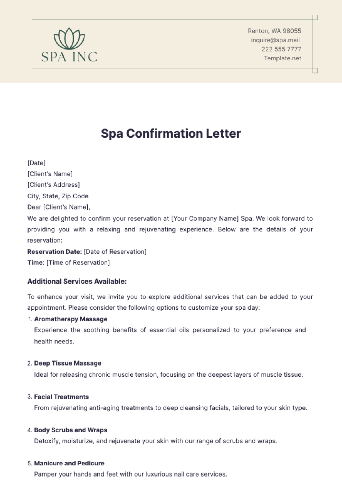 Spa Confirmation Letter Template - Edit Online & Download