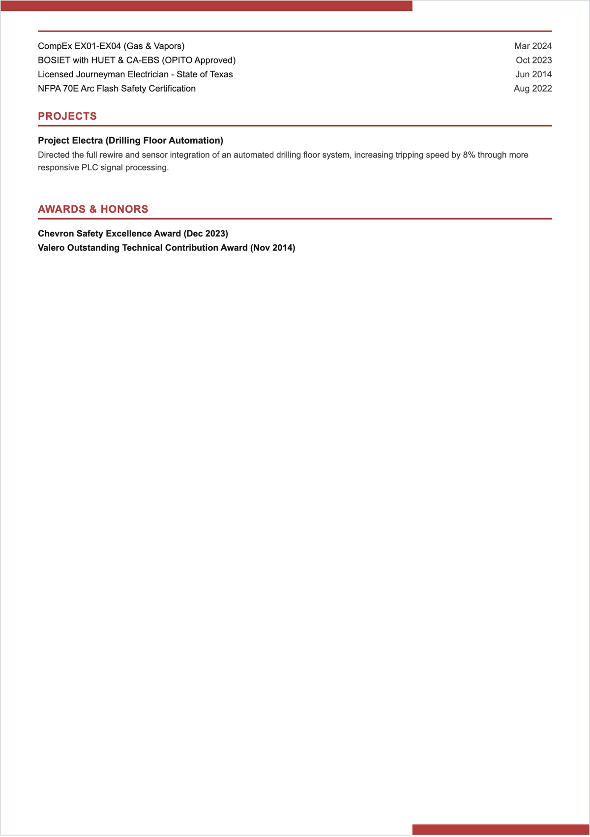 Free Oil And Gas Electrician ATS Resume Template, AI Resume Builder
