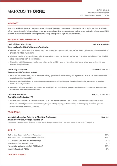 Free Oil And Gas Electrician ATS Resume Template, AI Resume Builder