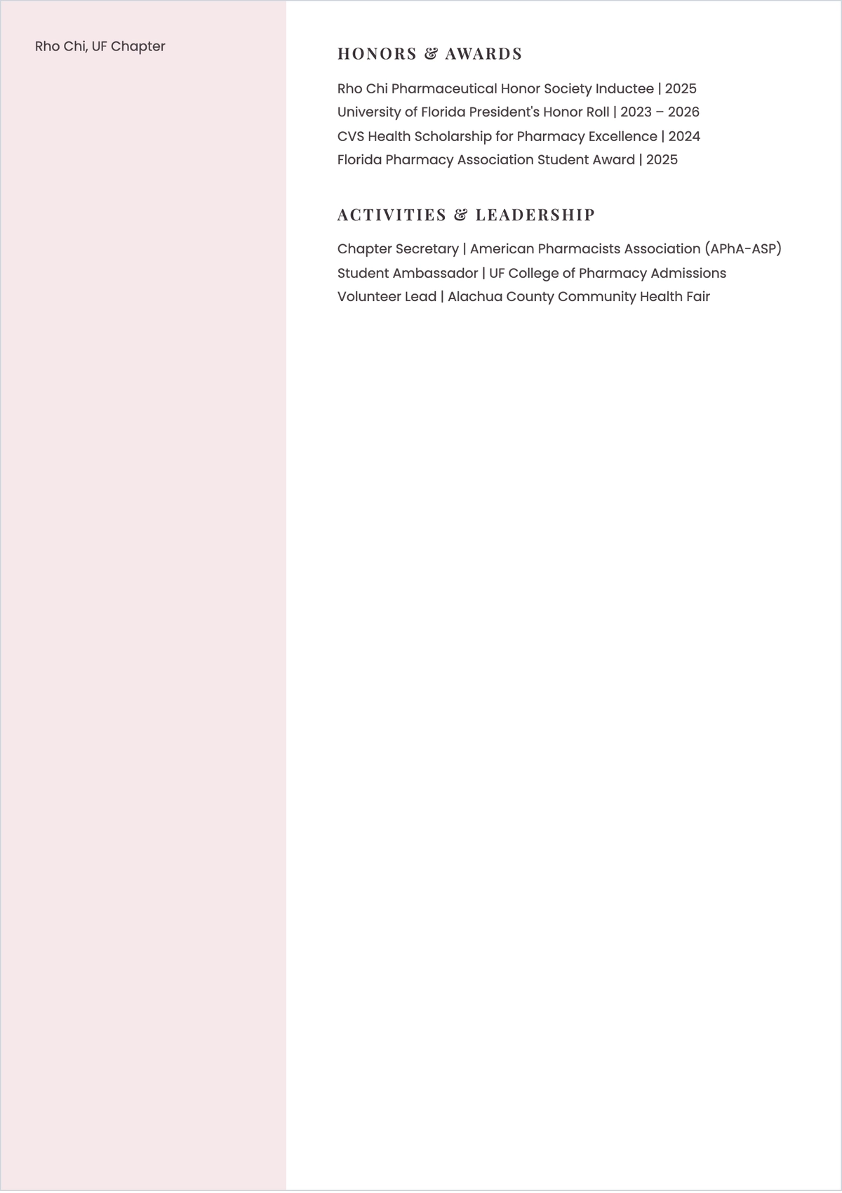 Free Pharmacist Student ATS Resume Template, AI Resume Builder