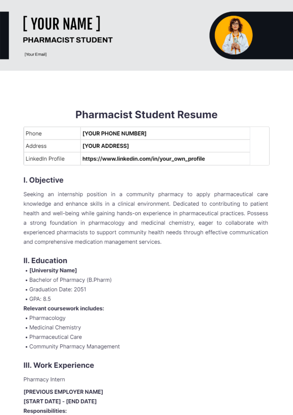 Pharmacist Student Resume - Edit Online & Download