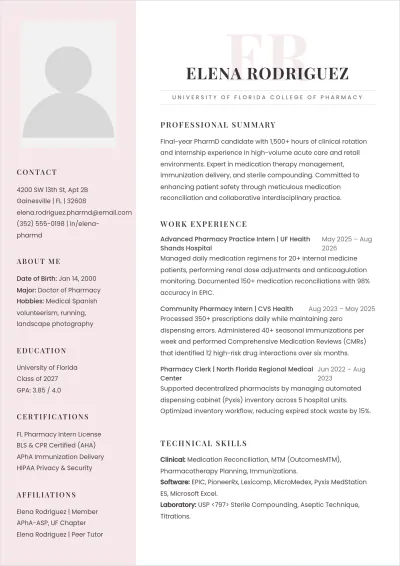 Free Pharmacist Student ATS Resume Template, AI Resume Builder