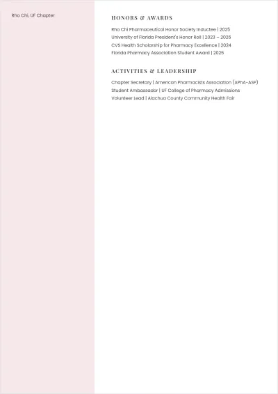 Free Pharmacist Student ATS Resume Template, AI Resume Builder