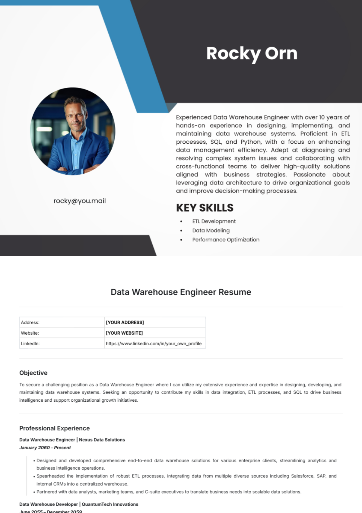 Free Data Warehouse Engineer Resume Template