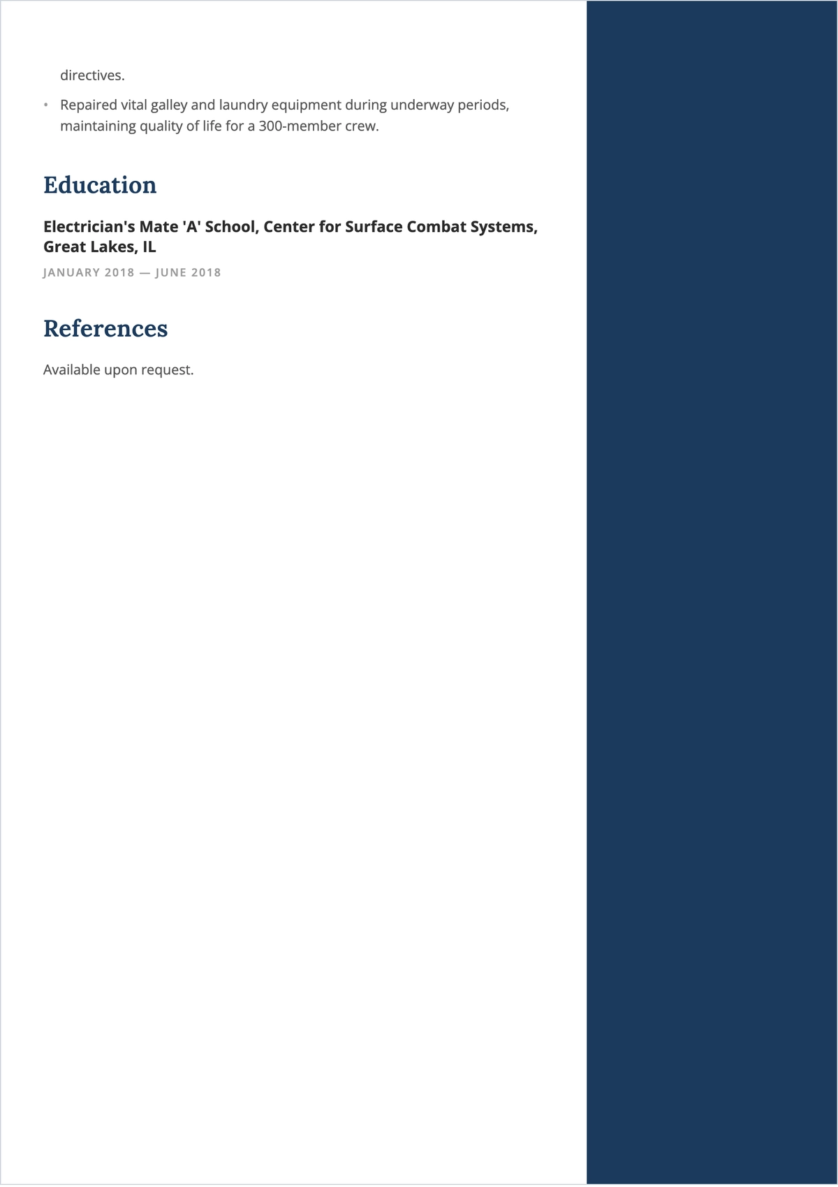 Free Navy Electrician ATS Resume Template, AI Resume Builder