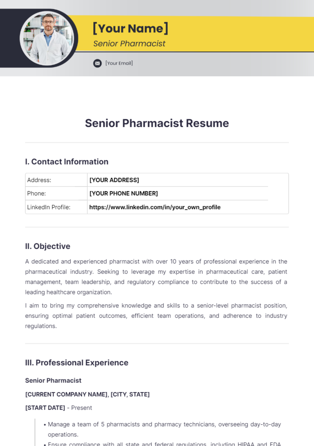 Senior Pharmacist Resume - Edit Online & Download