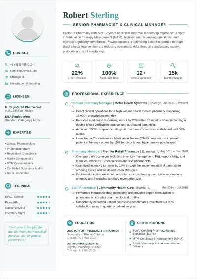 Free Senior Pharmacist ATS Resume Template, AI Resume Builder
