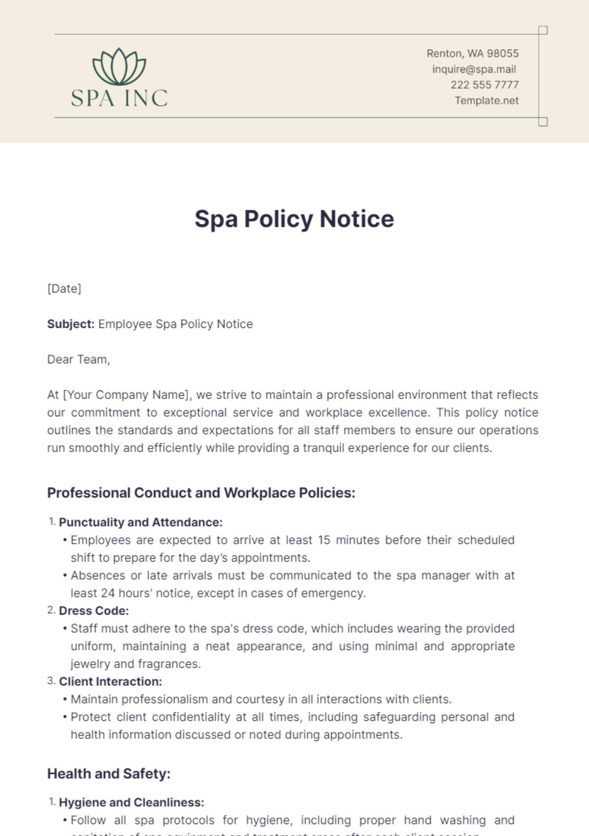 Spa Policy Notice Template - Edit Online & Download