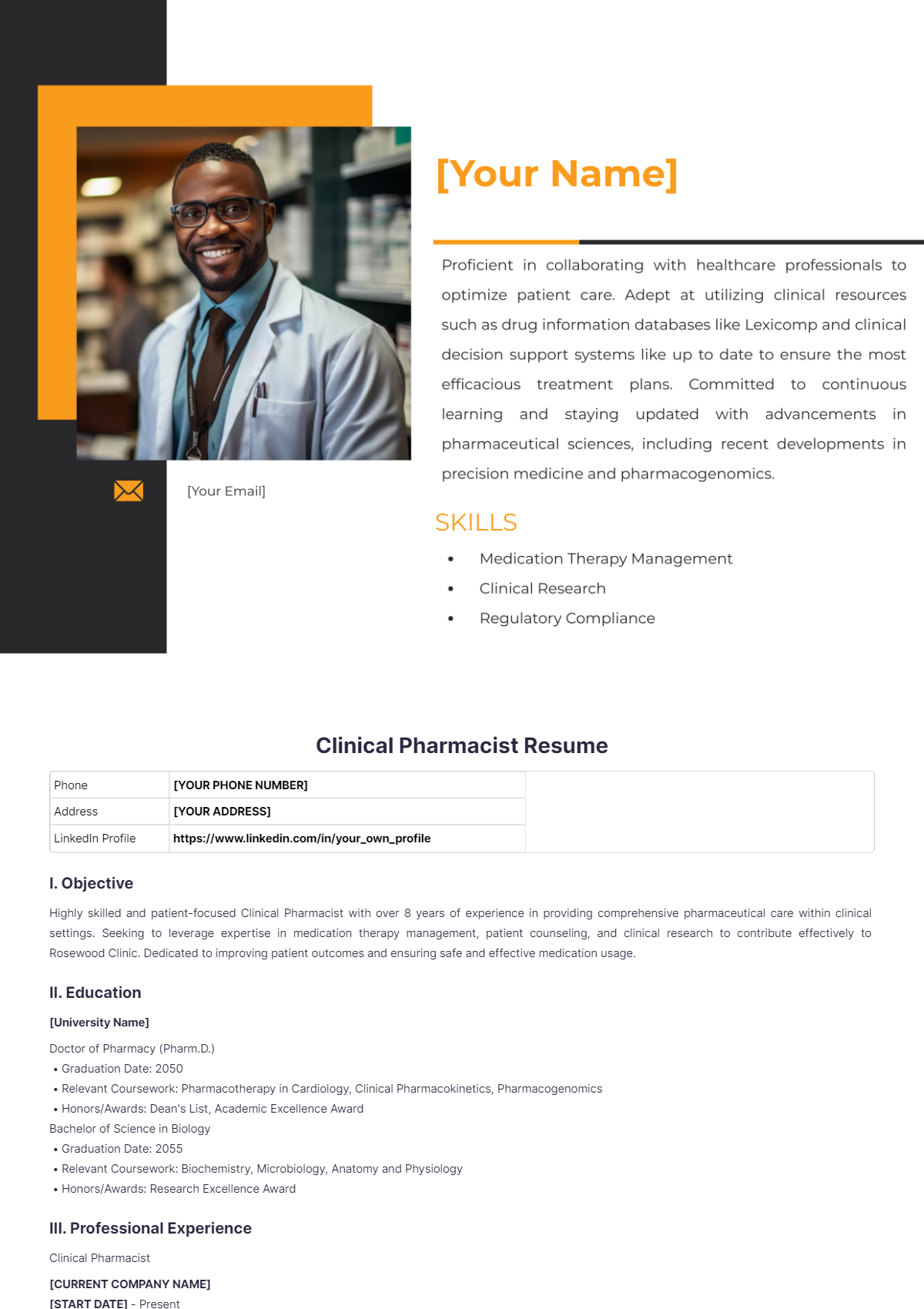 Clinical Pharmacist Resume - Edit Online & Download