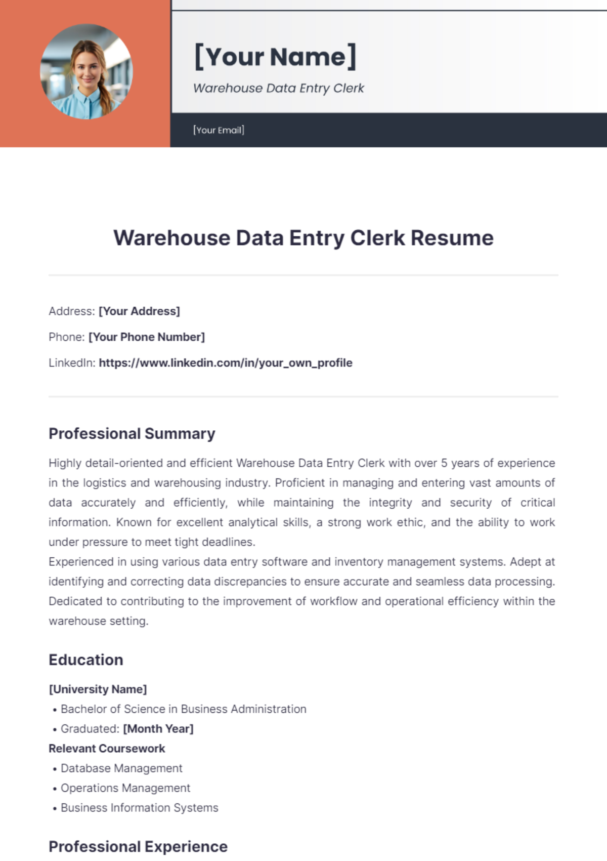 Warehouse Data Entry Clerk Resume - Edit Online & Download