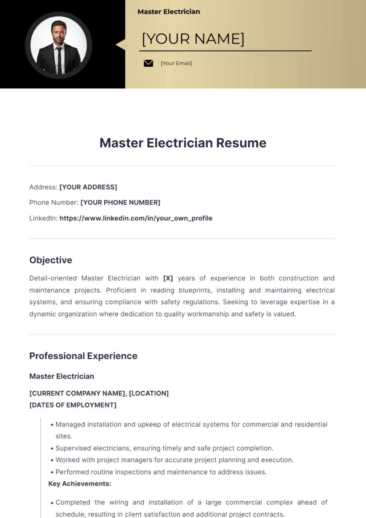 Master Electrician Resume - Edit Online & Download