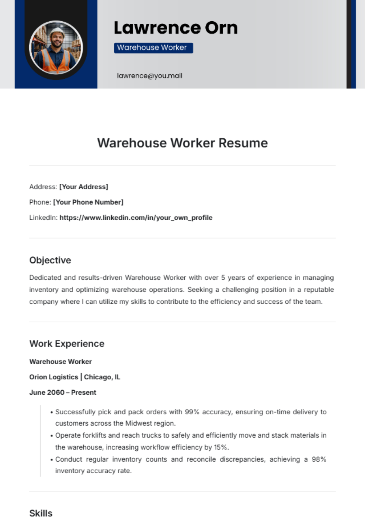 Free Warehouse Worker Resume Template