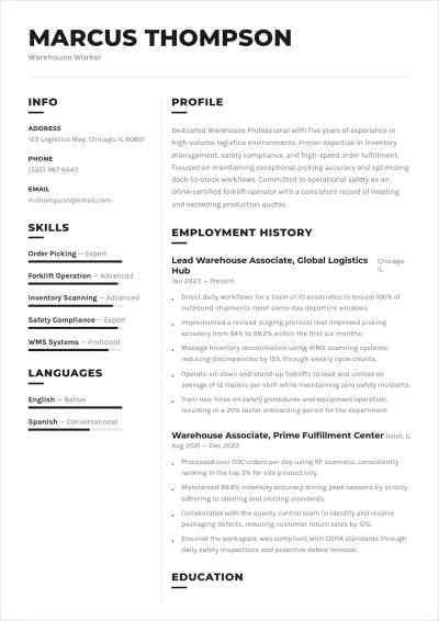 Free Warehouse Worker ATS Resume Template, AI Resume Builder