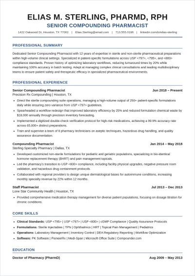 Free Compounding Pharmacist ATS Resume Template, AI Resume Builder