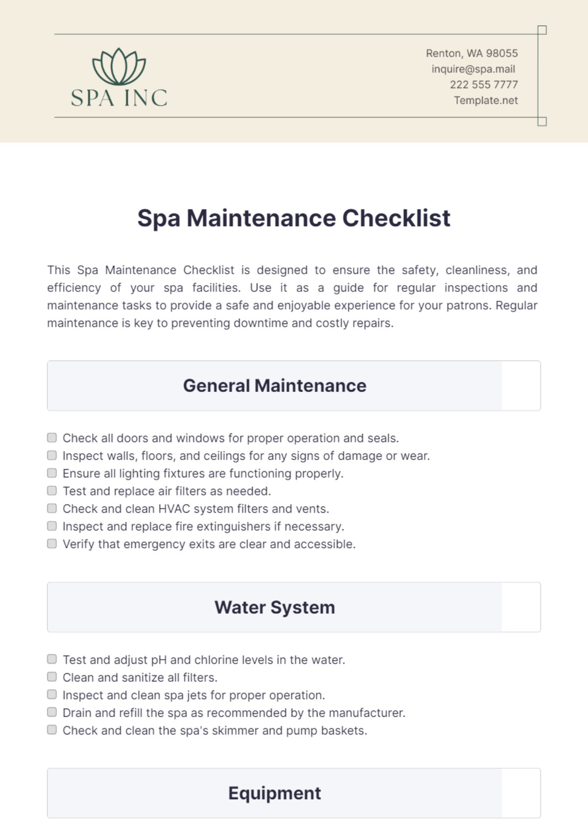 Spa Maintenance Checklist Template - Edit Online & Download