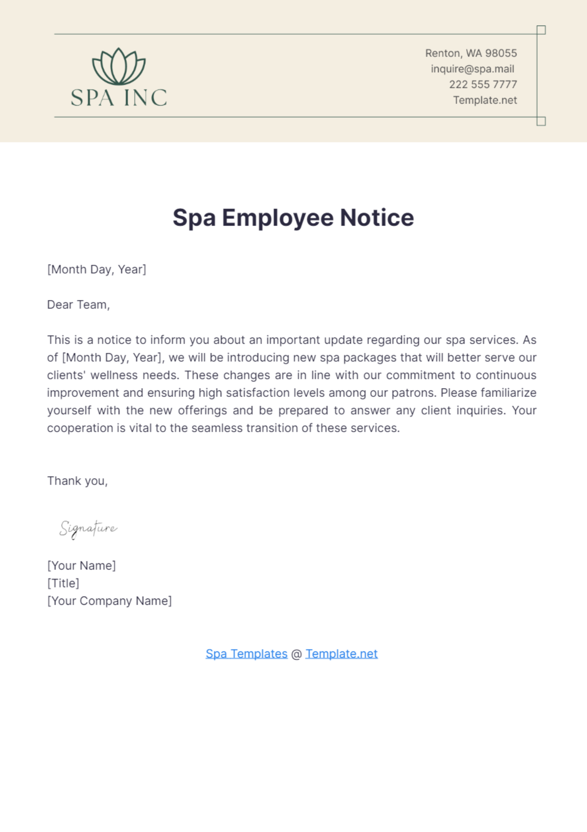 Spa Employee Notice Template - Edit Online & Download