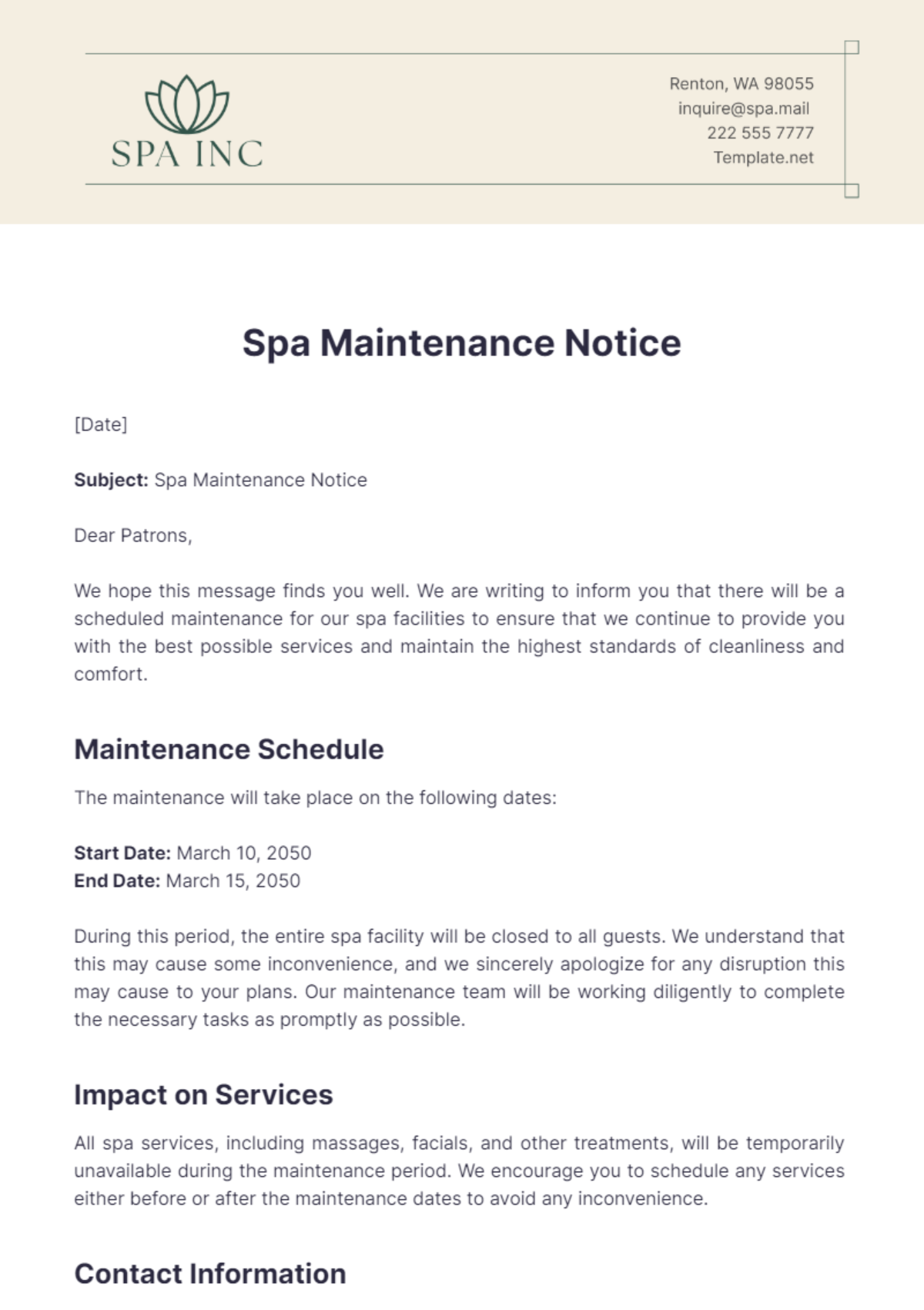 Spa Maintenance Notice Template - Edit Online & Download